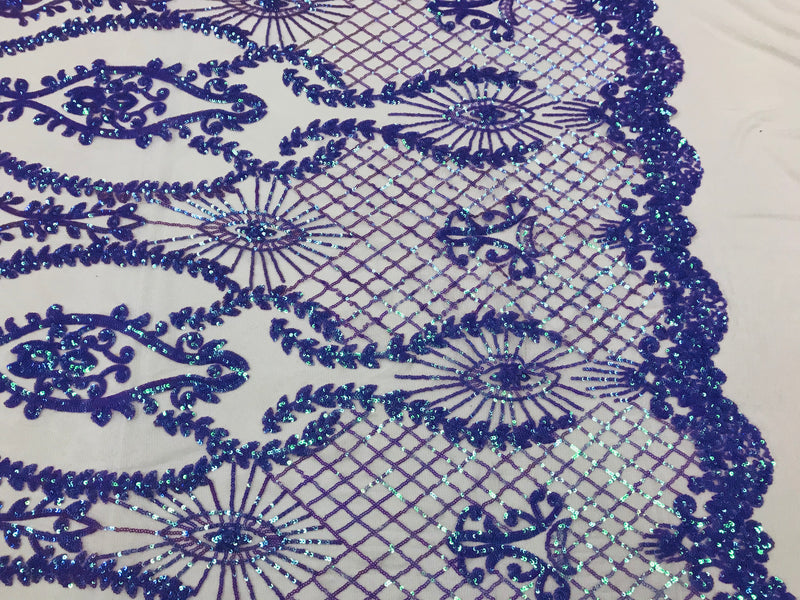 Sequins Damask Pattern - Iridescent Lilac 4 Way Stretch Designer Fabrics in Shiny Damask Patterns
