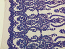 Sequins Damask Pattern - Iridescent Lilac 4 Way Stretch Designer Fabrics in Shiny Damask Patterns