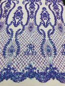 Sequins Damask Pattern - Iridescent Lilac 4 Way Stretch Designer Fabrics in Shiny Damask Patterns