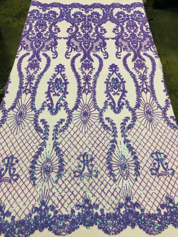 Sequins Damask Pattern - Iridescent Lilac 4 Way Stretch Designer Fabrics in Shiny Damask Patterns