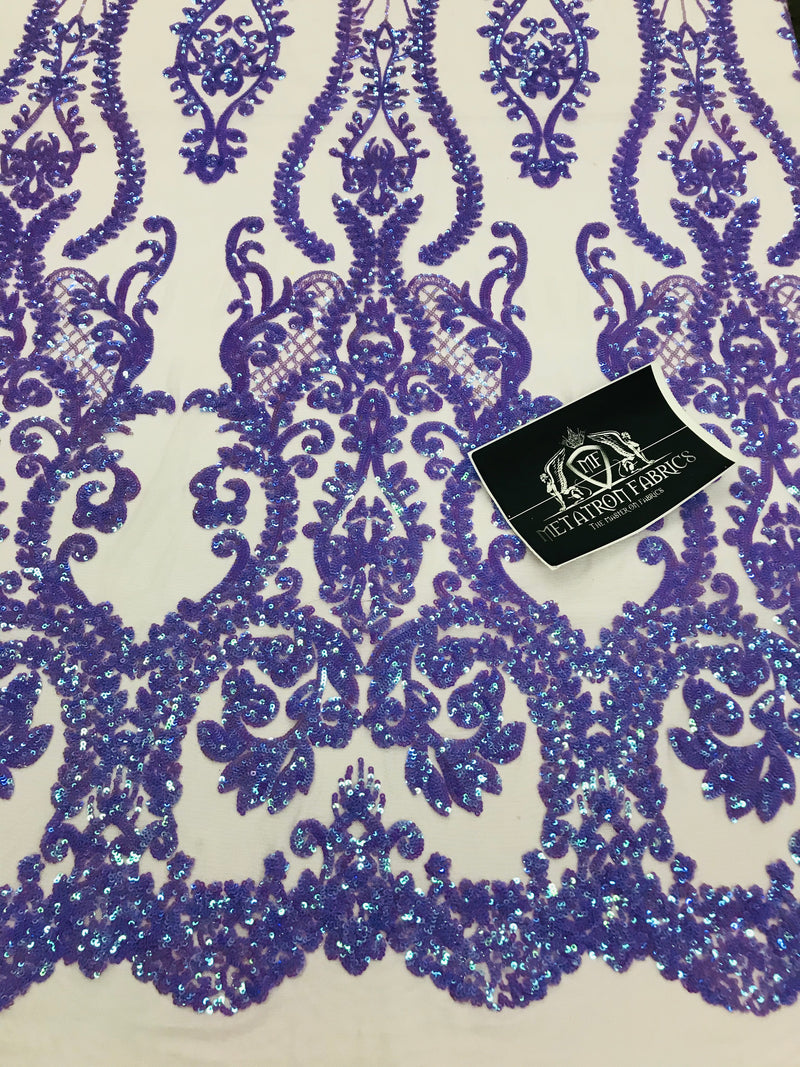 Sequins Damask Pattern - Iridescent Lilac 4 Way Stretch Designer Fabrics in Shiny Damask Patterns