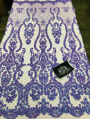 Sequins Damask Pattern - Iridescent Lilac 4 Way Stretch Designer Fabrics in Shiny Damask Patterns