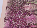 Damask Leaf - Iridescent Magenta - 4 Way Stretch High Quality Fancy Pattern Shiny Sequins