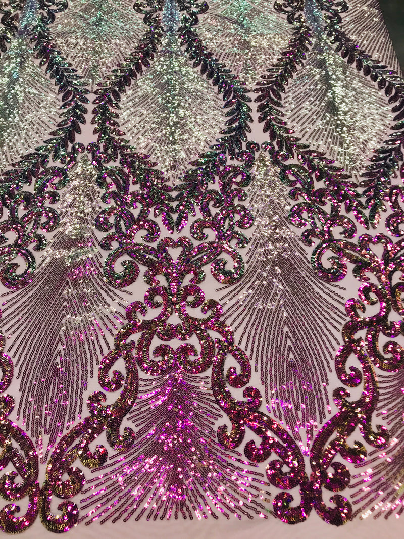 Damask Leaf - Iridescent Magenta - 4 Way Stretch High Quality Fancy Pattern Shiny Sequins