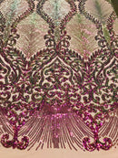 Damask Leaf - Iridescent Magenta - 4 Way Stretch High Quality Fancy Pattern Shiny Sequins