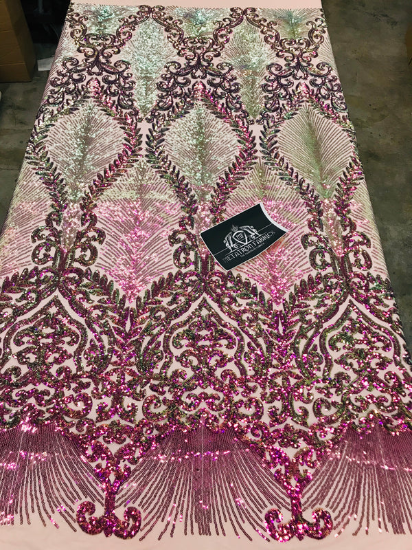 Damask Leaf - Iridescent Magenta - 4 Way Stretch High Quality Fancy Pattern Shiny Sequins