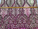 Damask Leaf - Iridescent Magenta - 4 Way Stretch High Quality Fancy Pattern Shiny Sequins