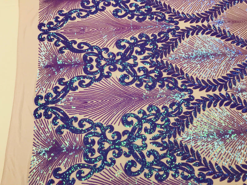 Damask Leaf - Iridescent Lilac - 4 Way Stretch High Quality Fancy Pattern Shiny Sequins