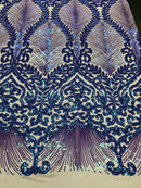 Damask Leaf - Iridescent Lilac - 4 Way Stretch High Quality Fancy Pattern Shiny Sequins