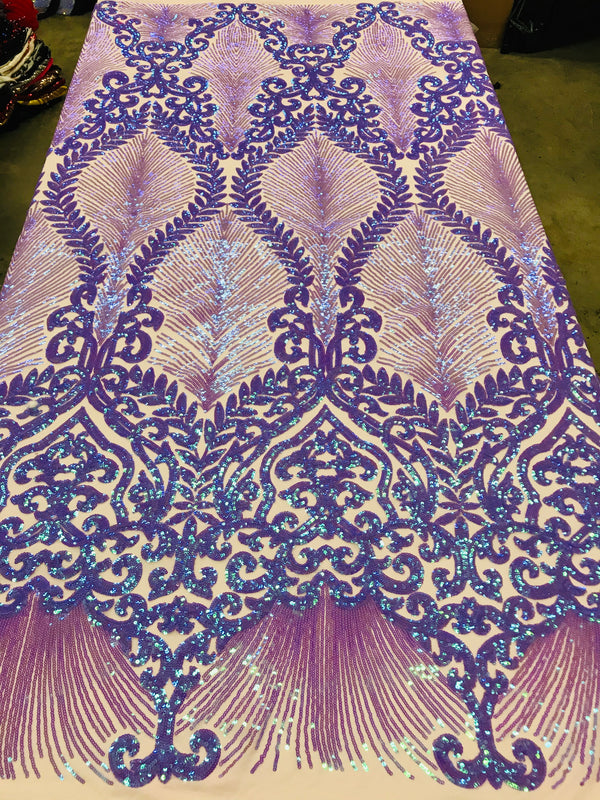 Damask Leaf - Iridescent Lilac - 4 Way Stretch High Quality Fancy Pattern Shiny Sequins