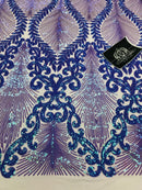 Damask Leaf - Iridescent Lilac - 4 Way Stretch High Quality Fancy Pattern Shiny Sequins