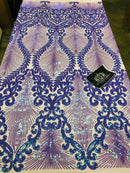 Damask Leaf - Iridescent Lilac - 4 Way Stretch High Quality Fancy Pattern Shiny Sequins