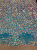 Damask Leaf - Iridescent Light Blue - 4 Way Stretch High Quality Fancy Pattern Shiny Sequins