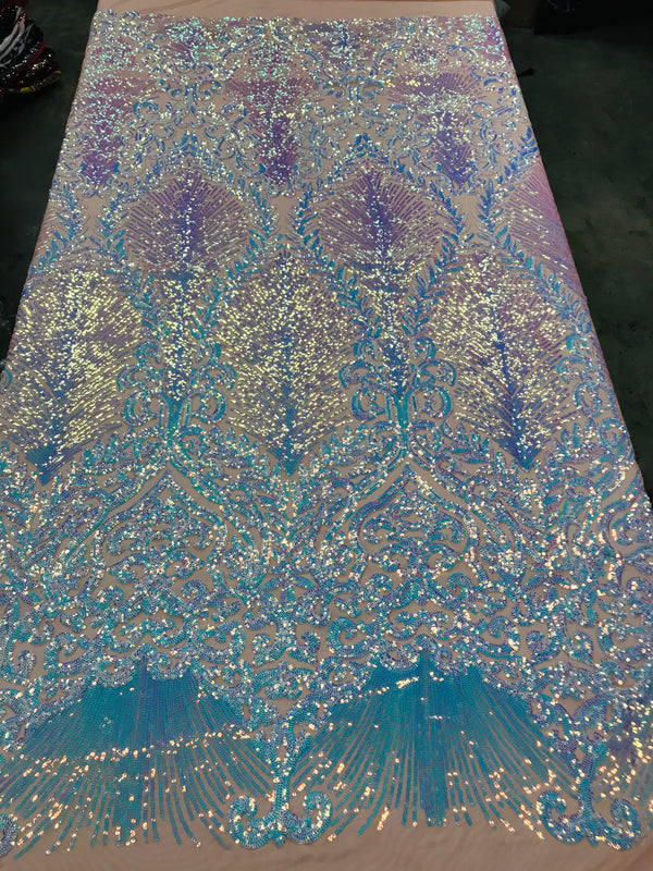 Damask Leaf - Iridescent Light Blue - 4 Way Stretch High Quality Fancy Pattern Shiny Sequins