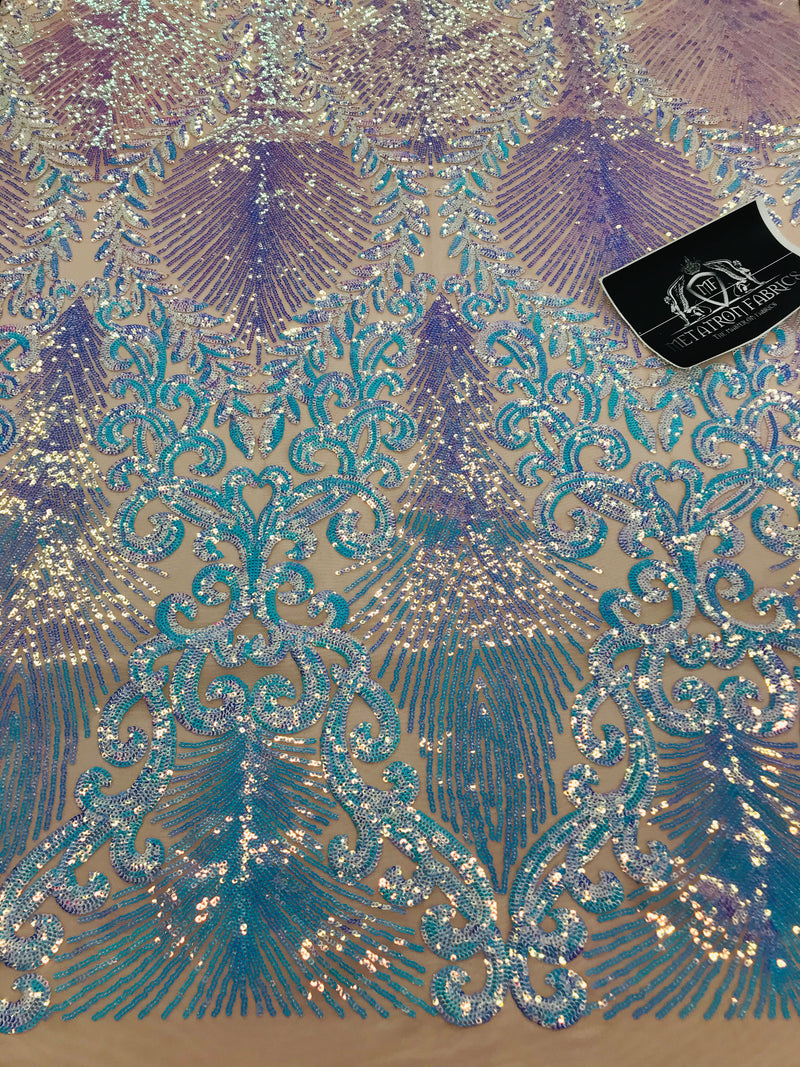 Damask Leaf - Iridescent Light Blue - 4 Way Stretch High Quality Fancy Pattern Shiny Sequins