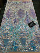Damask Leaf - Iridescent Light Blue - 4 Way Stretch High Quality Fancy Pattern Shiny Sequins