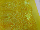 Damask Leaf - Shiny Yellow - 4 Way Stretch High Quality Fancy Pattern Shiny Sequins