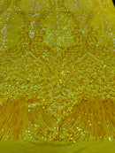 Damask Leaf - Shiny Yellow - 4 Way Stretch High Quality Fancy Pattern Shiny Sequins