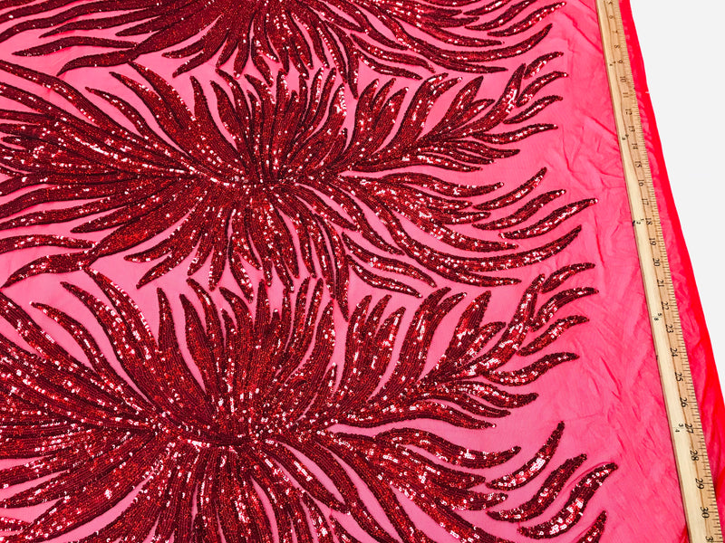 Feather Design Sequins - Red  - 4 Way Stretch Fancy Feather Pattern Design Fabric By Yard