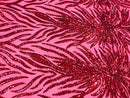 Feather Design Sequins - Red  - 4 Way Stretch Fancy Feather Pattern Design Fabric By Yard