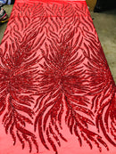 Feather Design Sequins - Red  - 4 Way Stretch Fancy Feather Pattern Design Fabric By Yard