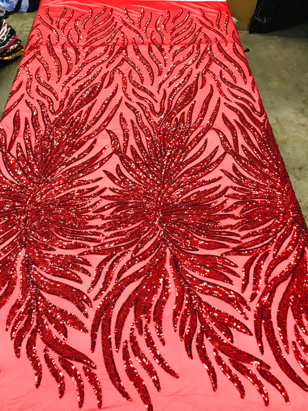 Feather Design Sequins - Red  - 4 Way Stretch Fancy Feather Pattern Design Fabric By Yard