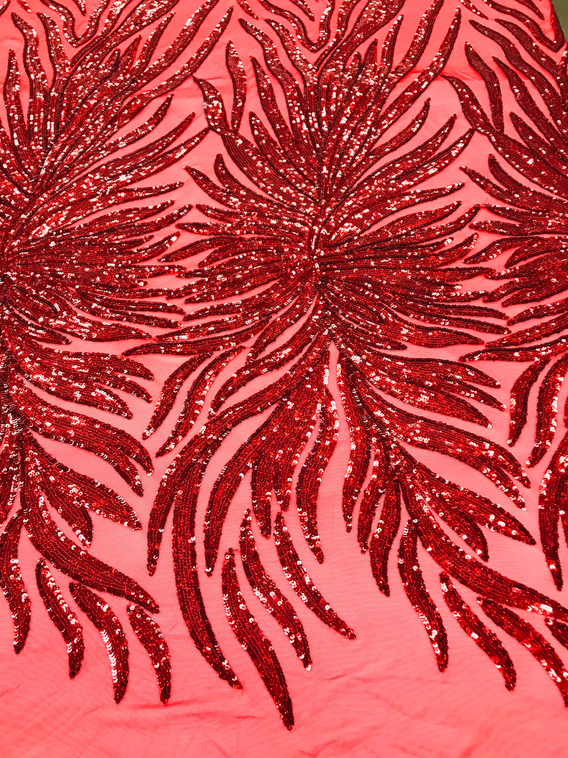 Feather Design Sequins - Red  - 4 Way Stretch Fancy Feather Pattern Design Fabric By Yard