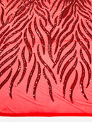 Feather Design Sequins - Red  - 4 Way Stretch Fancy Feather Pattern Design Fabric By Yard
