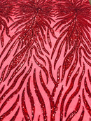 Feather Design Sequins - Red  - 4 Way Stretch Fancy Feather Pattern Design Fabric By Yard