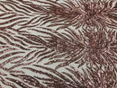 Feather Design Sequins - Rose Gold - 4 Way Stretch Fancy Feather Pattern Design Fabric By Yard