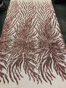 Feather Design Sequins - Rose Gold - 4 Way Stretch Fancy Feather Pattern Design Fabric By Yard