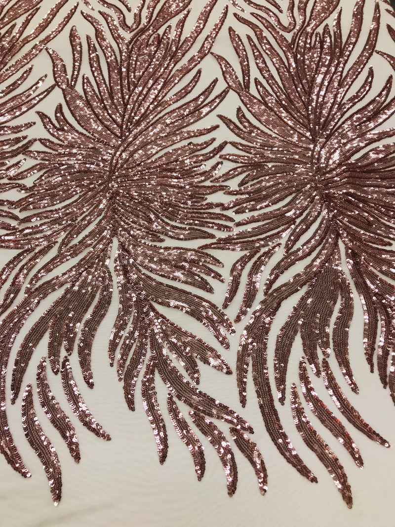 Feather Design Sequins - Rose Gold - 4 Way Stretch Fancy Feather Pattern Design Fabric By Yard