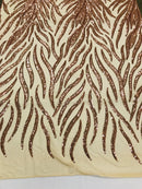 Feather Design Sequins - Rose Gold - 4 Way Stretch Fancy Feather Pattern Design Fabric By Yard