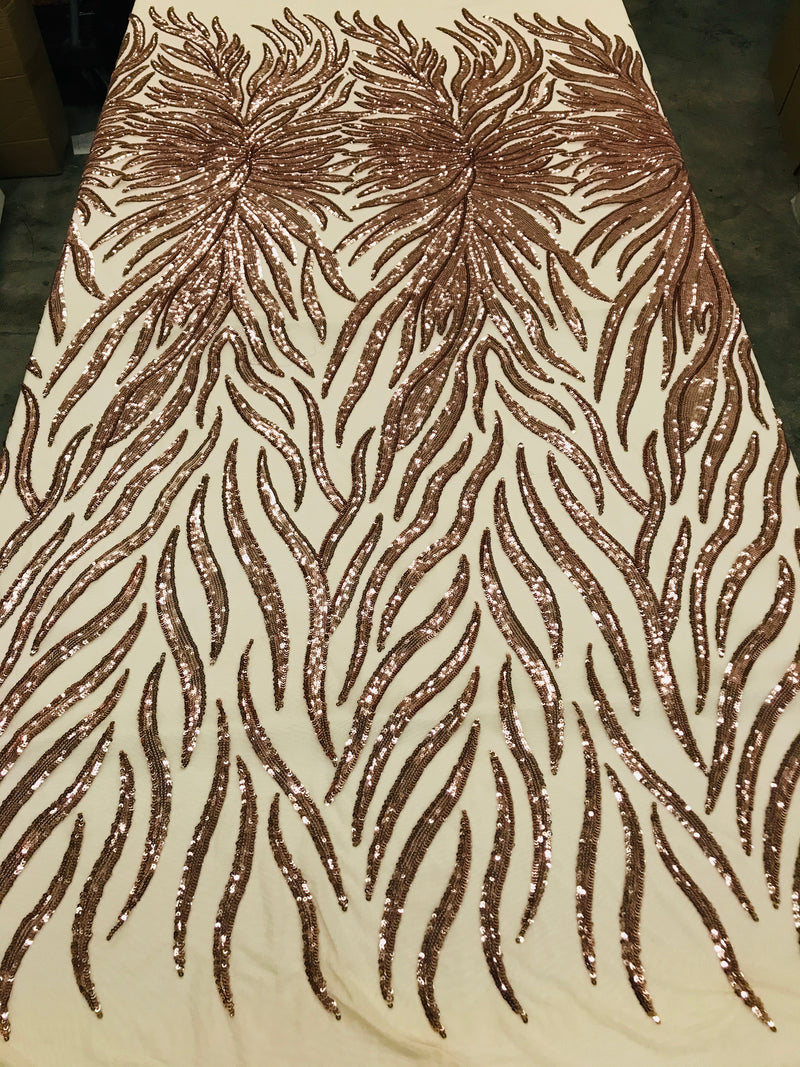 Feather Design Sequins - Rose Gold - 4 Way Stretch Fancy Feather Pattern Design Fabric By Yard