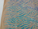 Feather Design Sequins - Aqua - 4 Way Stretch Fancy Feather Pattern Design Fabric By Yard