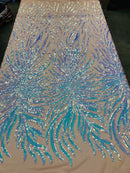 Feather Design Sequins - Aqua - 4 Way Stretch Fancy Feather Pattern Design Fabric By Yard