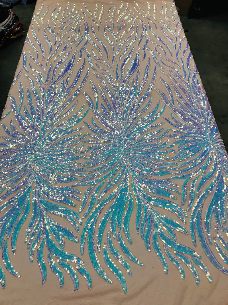 Feather Design Sequins - Aqua - 4 Way Stretch Fancy Feather Pattern Design Fabric By Yard