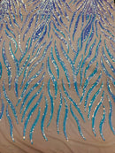 Feather Design Sequins - Aqua - 4 Way Stretch Fancy Feather Pattern Design Fabric By Yard
