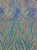 Feather Design Sequins - Aqua - 4 Way Stretch Fancy Feather Pattern Design Fabric By Yard