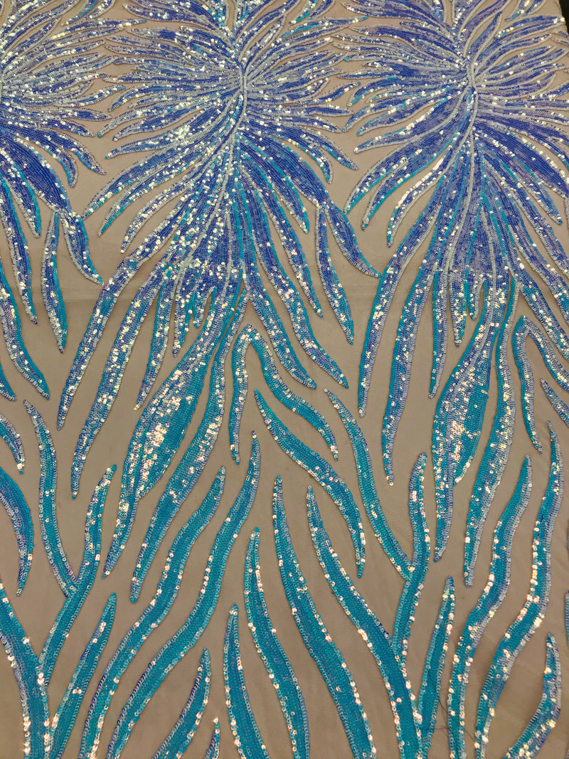 Feather Design Sequins - Aqua - 4 Way Stretch Fancy Feather Pattern Design Fabric By Yard