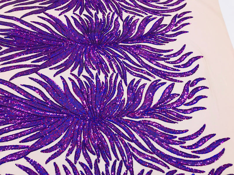 Feather Design Sequins - Purple - 4 Way Stretch Fancy Feather Pattern Design Fabric By Yard