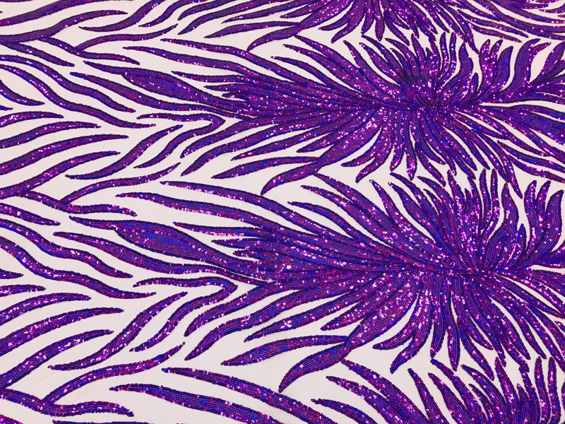 Feather Design Sequins - Purple - 4 Way Stretch Fancy Feather Pattern Design Fabric By Yard
