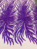 Feather Design Sequins - Purple - 4 Way Stretch Fancy Feather Pattern Design Fabric By Yard
