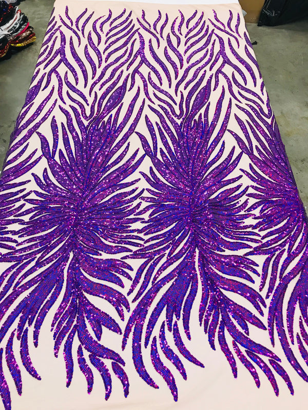 Feather Design Sequins - Purple - 4 Way Stretch Fancy Feather Pattern Design Fabric By Yard