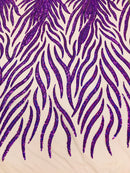 Feather Design Sequins - Purple - 4 Way Stretch Fancy Feather Pattern Design Fabric By Yard