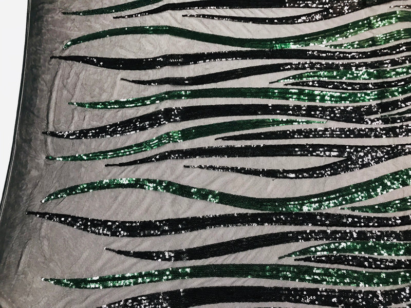 Phoenix Wing Sequins - Black / Hunter Green - 4 Way Stretch Wings Pattern Design Fabric By Yard