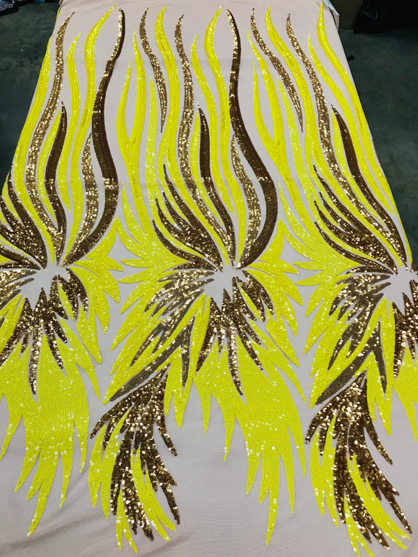 Phoenix Wing Sequins - Yellow / Gold - 4 Way Stretch Wings Pattern Design Fabric By Yard