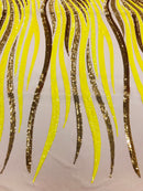 Phoenix Wing Sequins - Yellow / Gold - 4 Way Stretch Wings Pattern Design Fabric By Yard