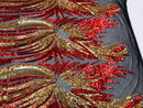 Phoenix Wing Sequins - Red / Gold - 4 Way Stretch Wings Pattern Design Fabric By Yard
