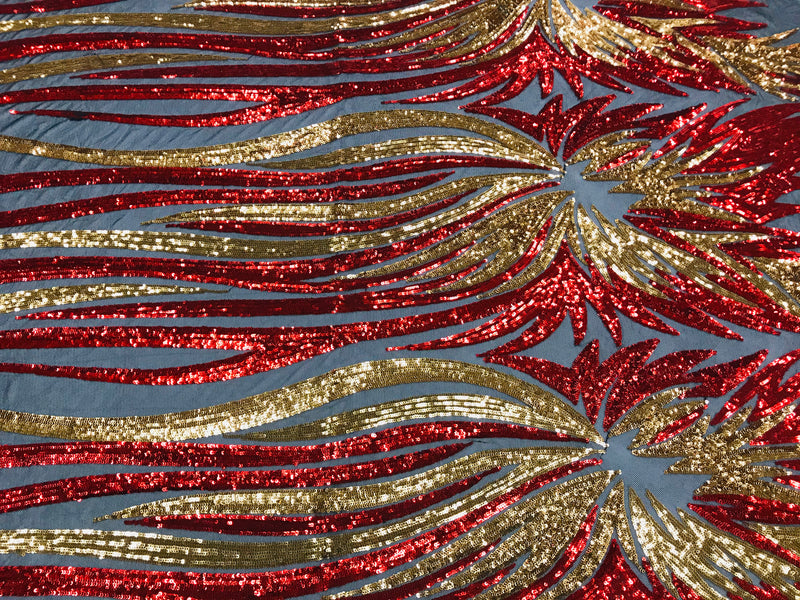 Phoenix Wing Sequins - Red / Gold - 4 Way Stretch Wings Pattern Design Fabric By Yard